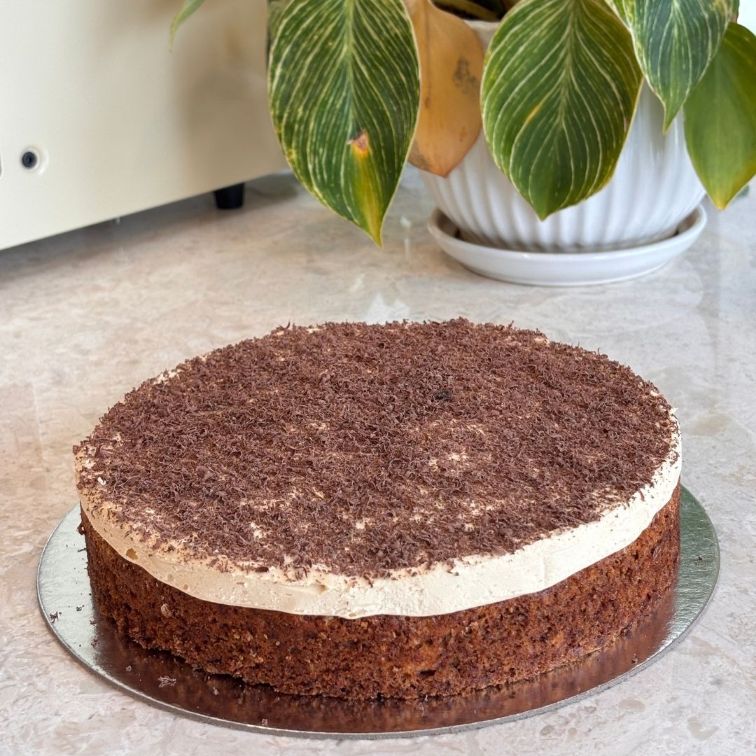 Chocolate cake with cream filling on a metal tray, with a plant in the background.