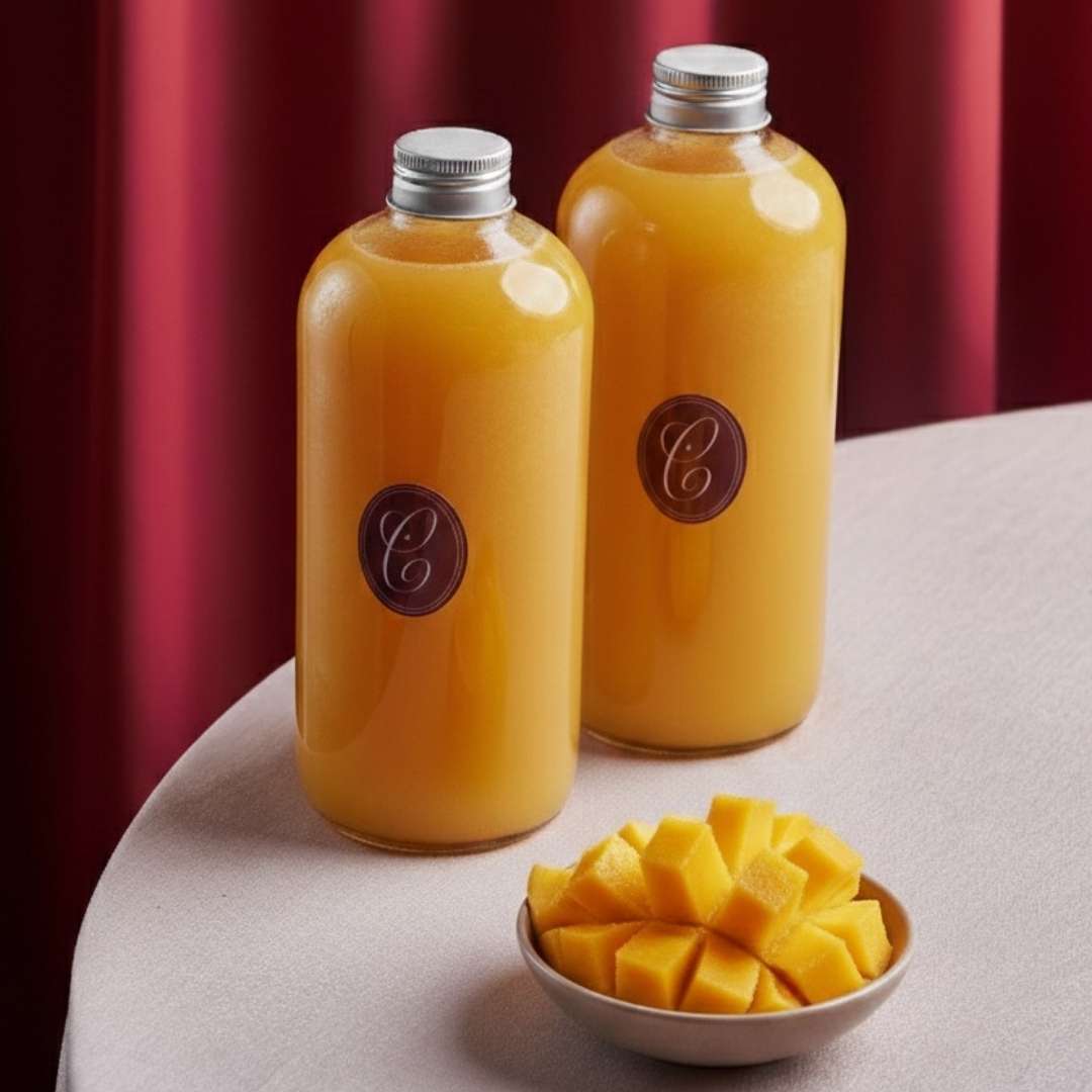 Chantilly fresh juice drinks in clear bottles with silver caps beside a bowl of diced mango on a white table