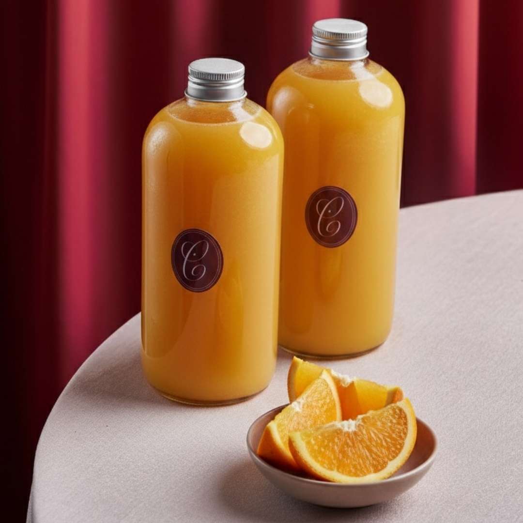 Two bottles of Chantilly fresh juice drinks with orange juice and a bowl of orange slices on a table